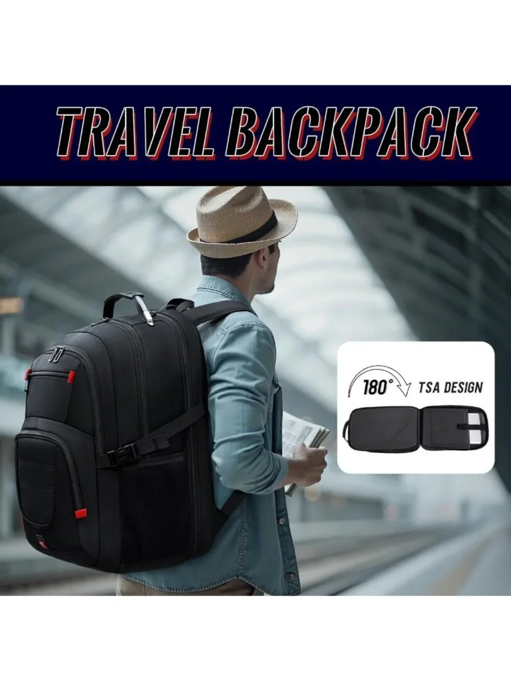 Spacious Black Travel Backpack for Men, Fits 17.3